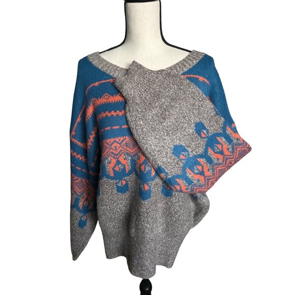 Monroe & Main Vickie Sweater Aztec Fair Isle Pullover Teal Orange Gray Size XL - Picture 3 of 6